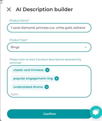 Click confirm to generate your jewelry product descriptions