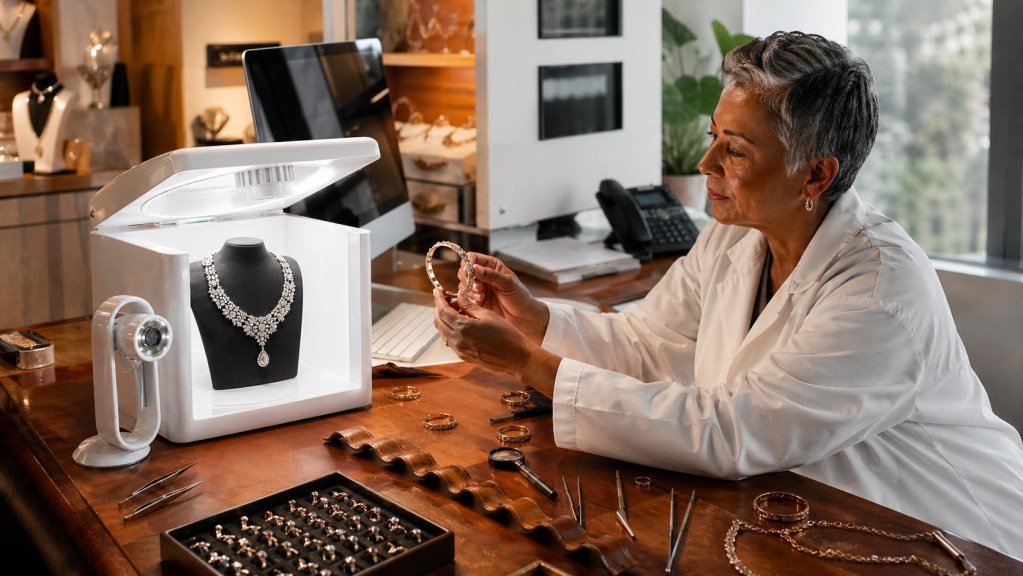 GemLightbox Max in use producing a consistent, detailed product image — the resulting image visible on a nearby screen alongside other catalog pieces photographed to the same standard. Communicates system and consistency in a single frame.