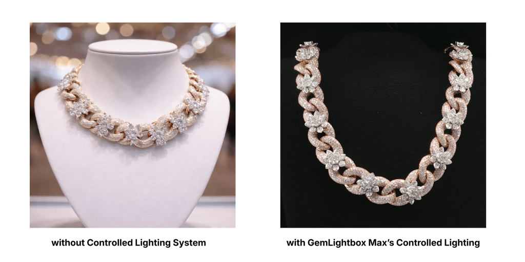 Jewelry photography lighting comparison showing flat uncontrolled light versus controlled GemLightbox Max lighting