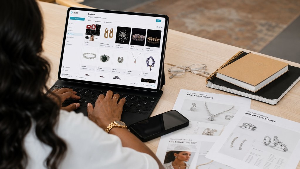 GemLightbox Max studio setup with a statement diamond necklace inside the capture chamber and a Shopify product page open on a nearby tablet, showing the one-click photo-to-catalog workflow